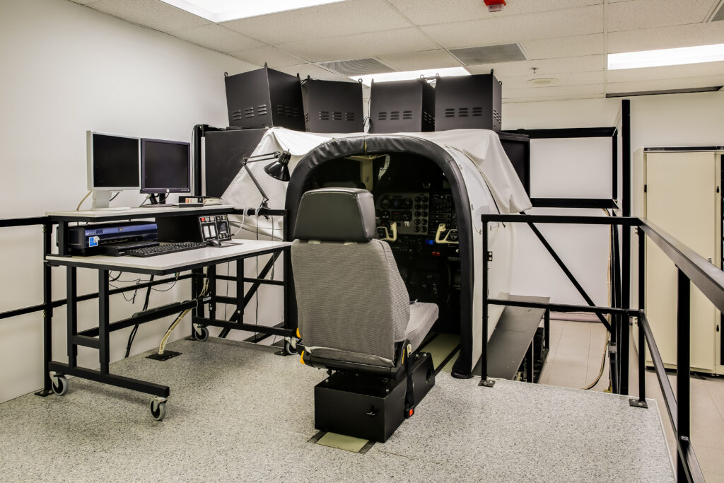 The exterior of CAU's helicopter simulator for pursuing a degree in aeronautics - California Aeronautical University