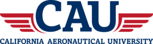 CAU logo with large navy letters and red stylized wings above the text "California Aeronautical University"
