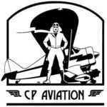 Vintage-style black-and-white logo showing a pilot in front of a small propeller plane with "CP AVIATION" text below