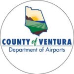 County of Ventura Department of Airports logo featuring a stylized Ventura County map with a sunrise over hills and fields, with "County of Ventura" and "Department of Airports" text below.