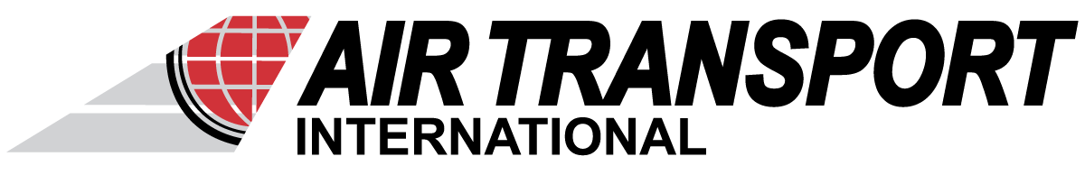 Airline tail logo with a stylized red globe and black stripes on a gray fin next to bold black airline name text