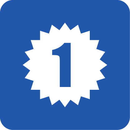 White burst badge with a bold number 1 centered on a rounded blue square background