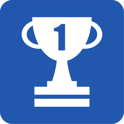 White trophy icon with handles and the number 1 on it centered on a rounded blue square background