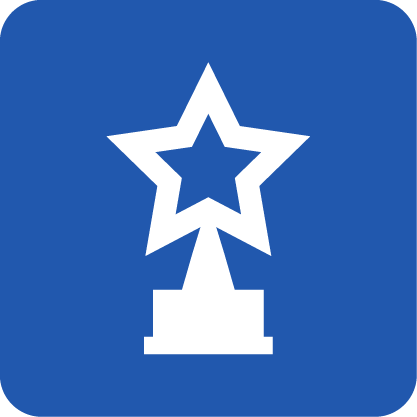 White star-shaped trophy silhouette on a rounded blue square background, showing a hollow star atop a pedestal.