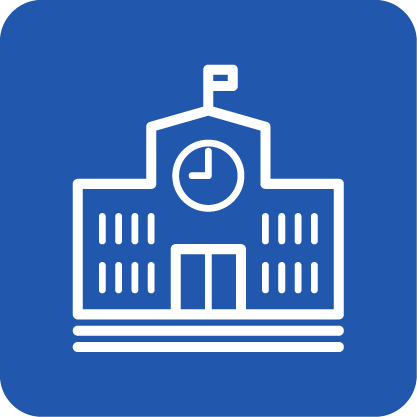 Stylized white school building icon with central clock, flag on roof, and double doors on blue rounded square background