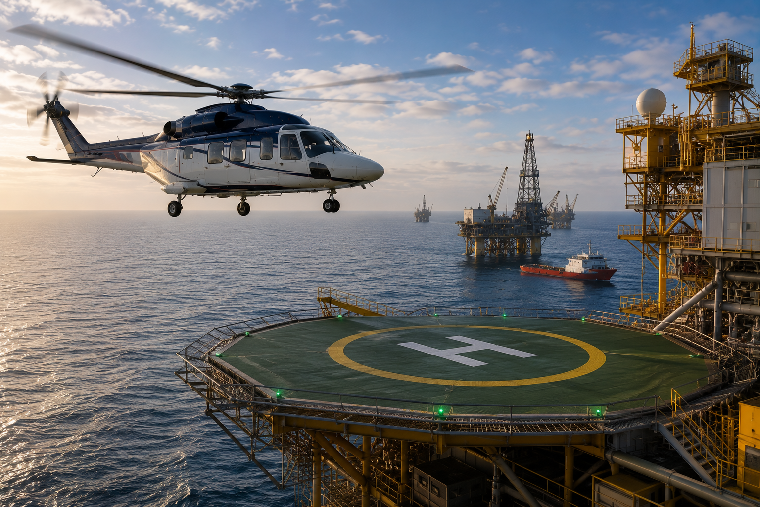 Helicopter hovering above a helipad on an offshore oil platform with additional rigs and a supply ship in the background