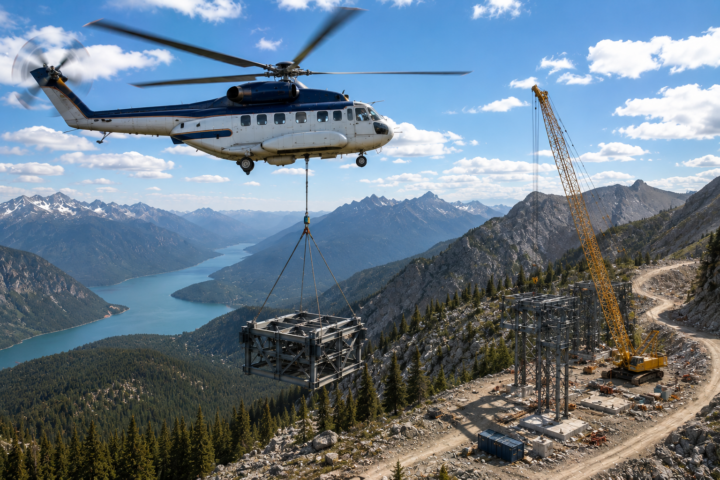 Heavy-lift helicopter hovering over a mountain construction site, carrying a large steel framework while a yellow crane and rugged road stand nearby with lake-filled valley in background.