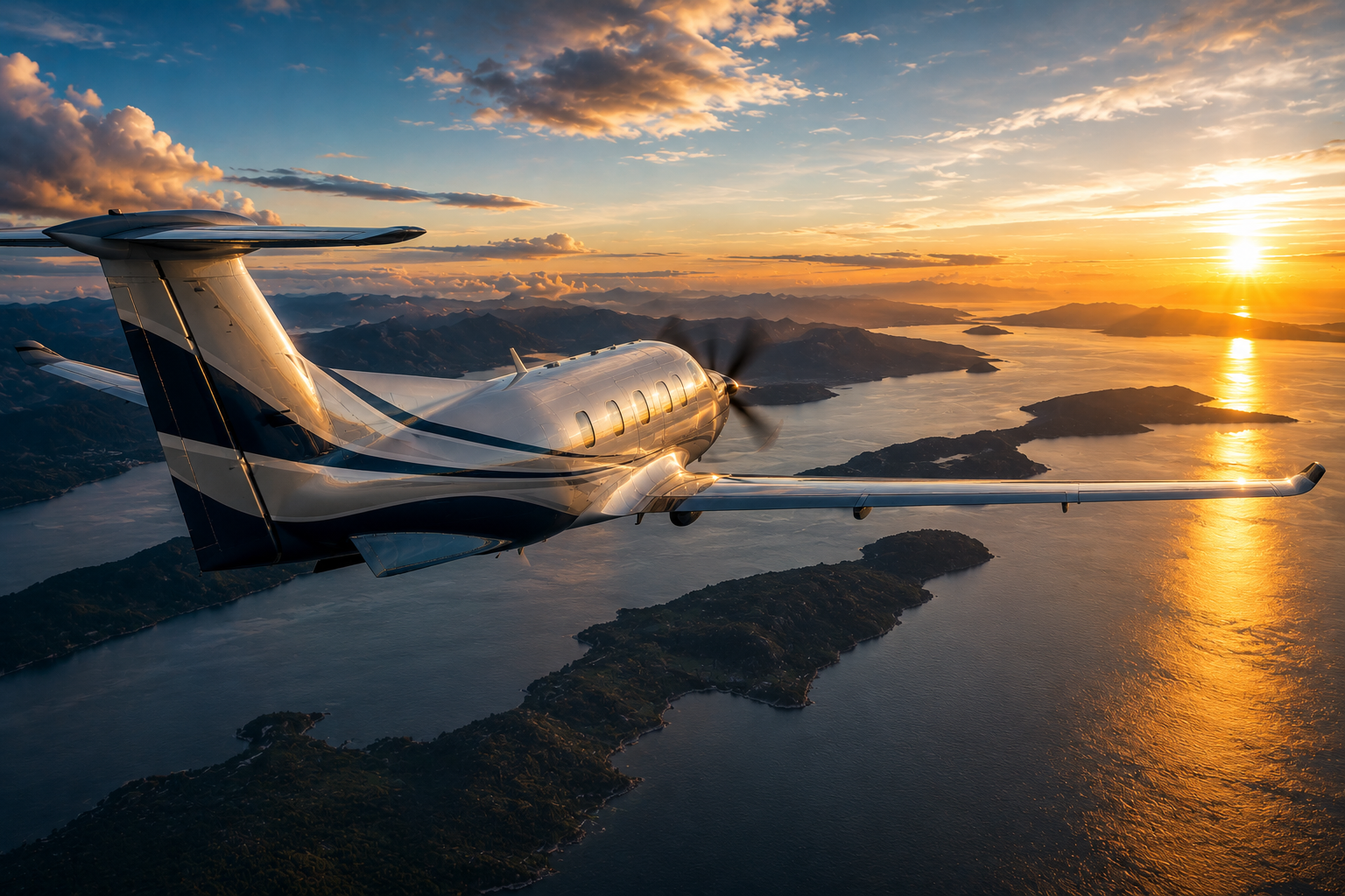 Turboprop airplane wing and fuselage flying over islands at sunset with golden light reflecting on the water