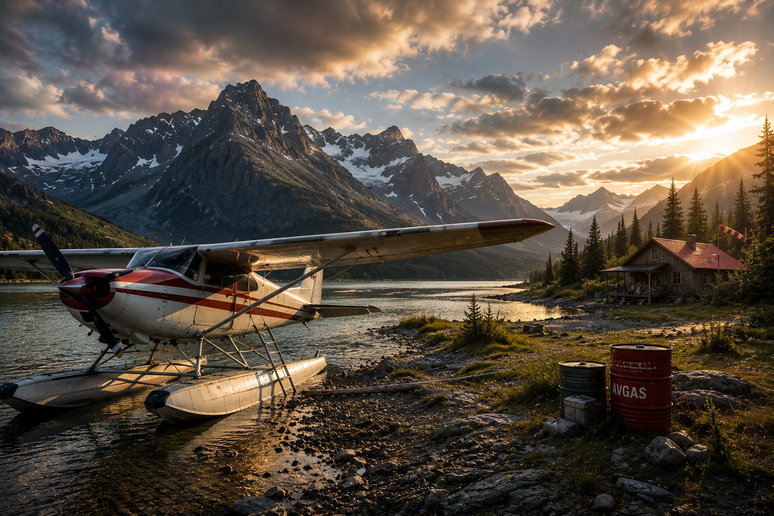 Floatplane moored on a rocky lakeshore at sunset with snow-capped mountains, a cabin, and fuel drums labeled AVGAS.