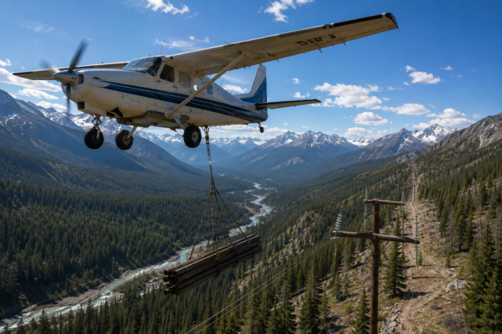 Small white cargo plane flying over a mountainous valley, carrying bundled logs suspended by chains beneath it.