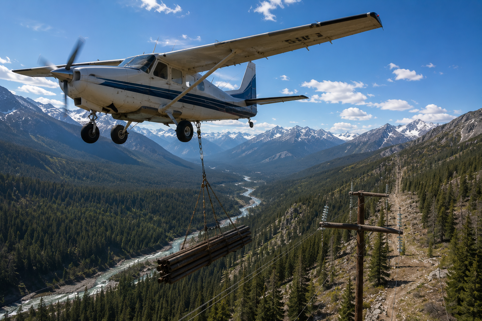 Small white cargo plane flying over a mountainous valley, carrying bundled logs suspended by chains beneath it.