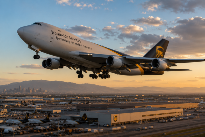 UPS cargo jet descending over a UPS air hub at sunset, landing gear lowered and city skyline in the background.