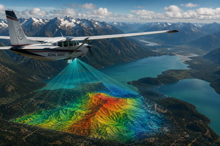 Small survey plane flying over turquoise lakes and mountains, projecting a colorful 3D topographic lidar map onto the landscape.