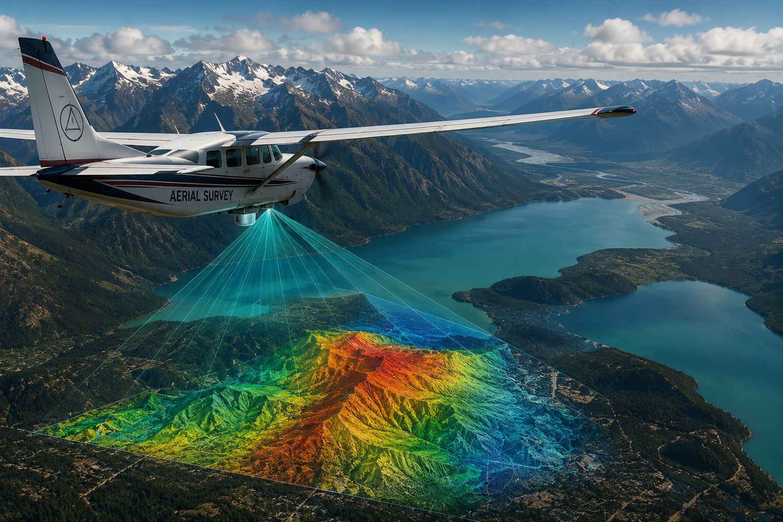 Small survey plane flying over turquoise lakes and mountains, projecting a colorful 3D topographic lidar map onto the landscape.