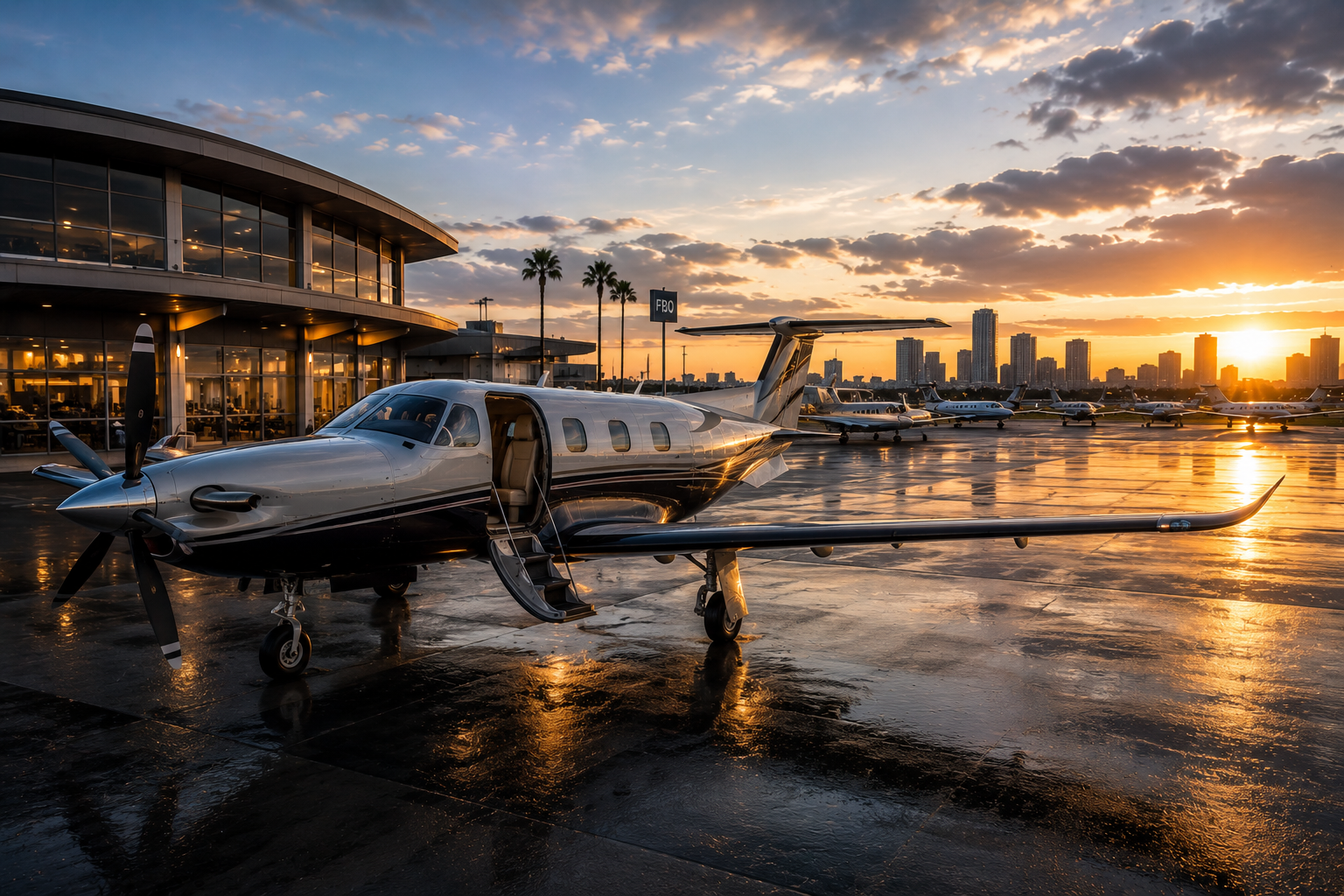 Sleek private turboprop aircraft parked on wet airport apron at sunset with terminal building and city skyline in background