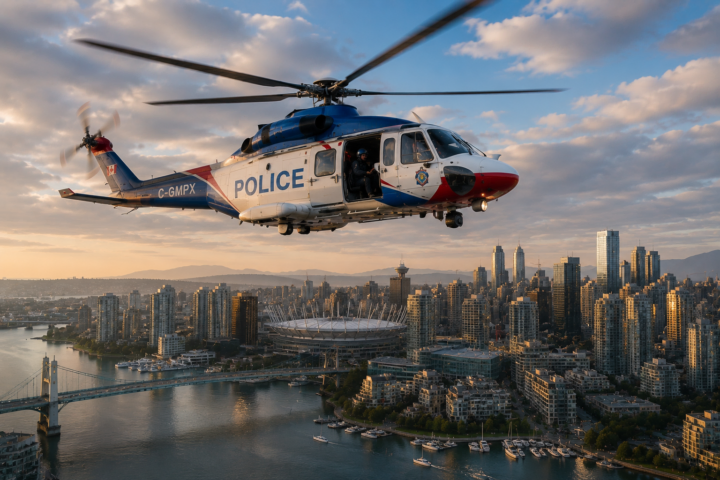Police helicopter hovering over a city skyline at sunset with open side door and crew member visible