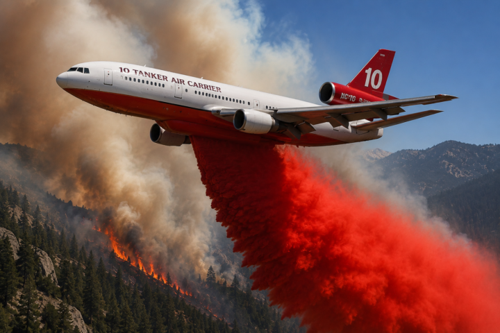 Large red-and-white firefighting tanker plane labeled "10 TANKER AIR CARRIER" dropping a plume of bright red fire retardant over a burning forested mountainside.