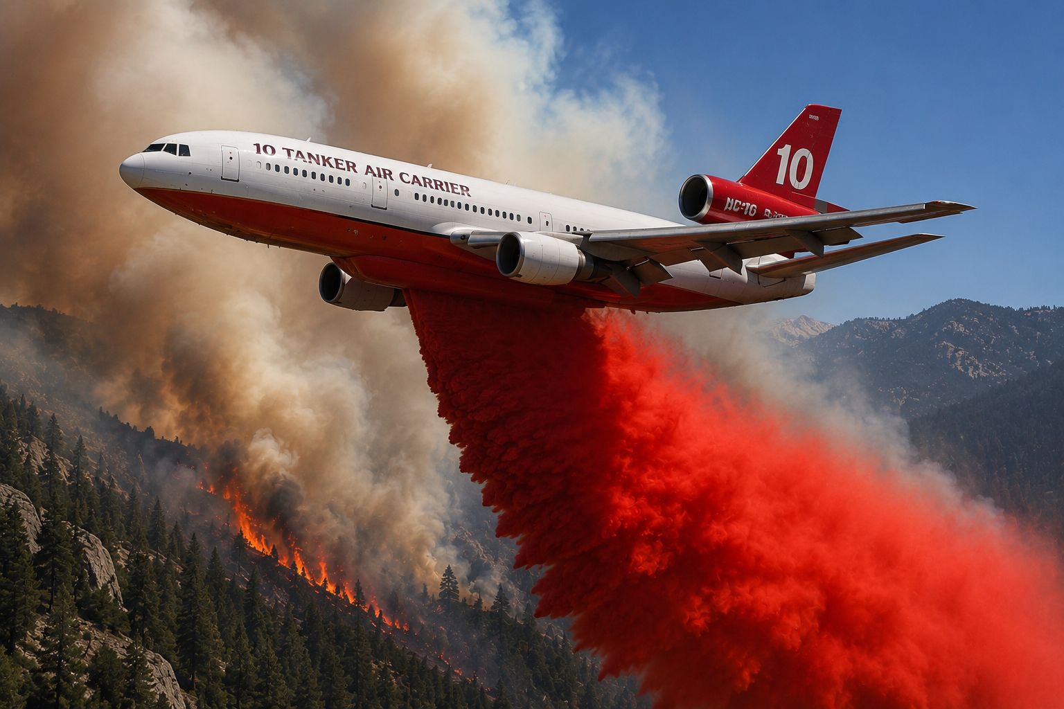 Large red-and-white firefighting tanker plane labeled "10 TANKER AIR CARRIER" dropping a plume of bright red fire retardant over a burning forested mountainside.