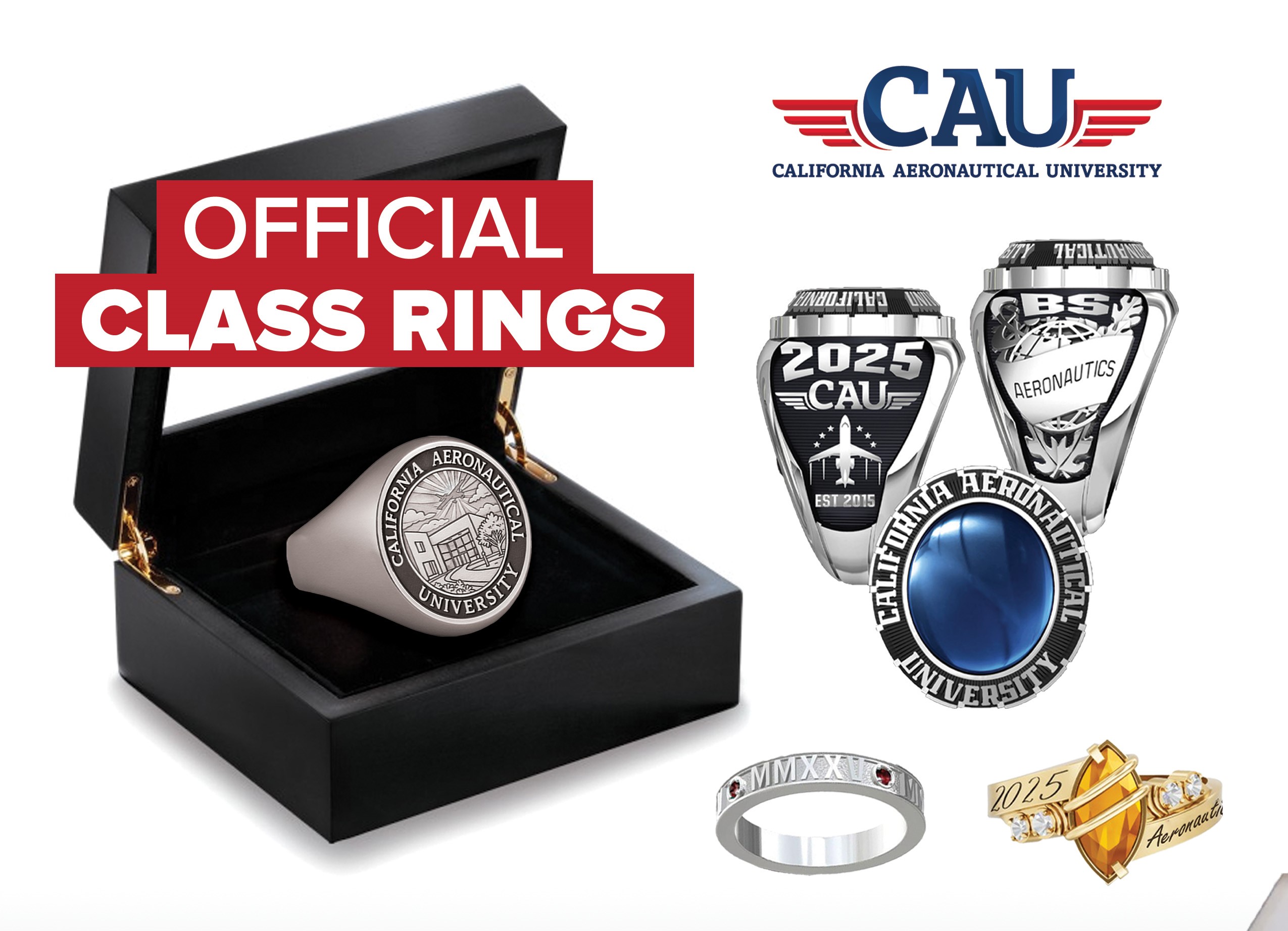 Black ring in presentation box and several silver and gold California Aeronautical University class ring designs.