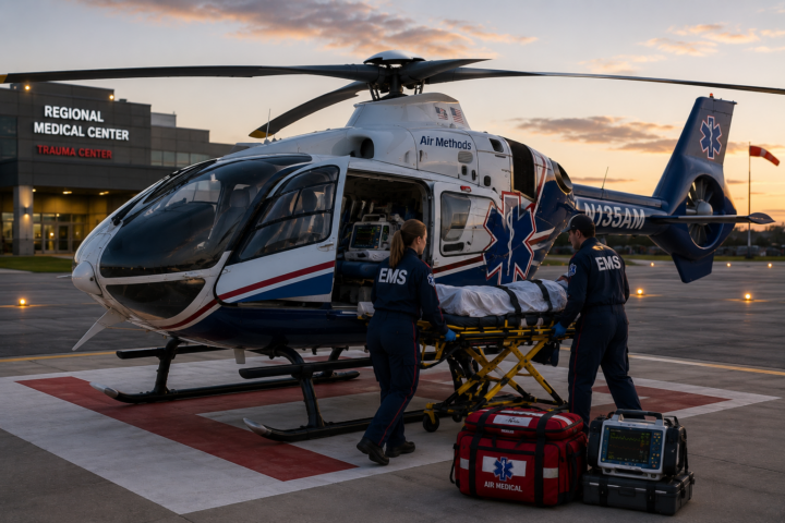 Air ambulance helicopter on a hospital helipad at sunset as two EMS crew load a patient on a stretcher into the cabin, medical bag and monitor nearby.