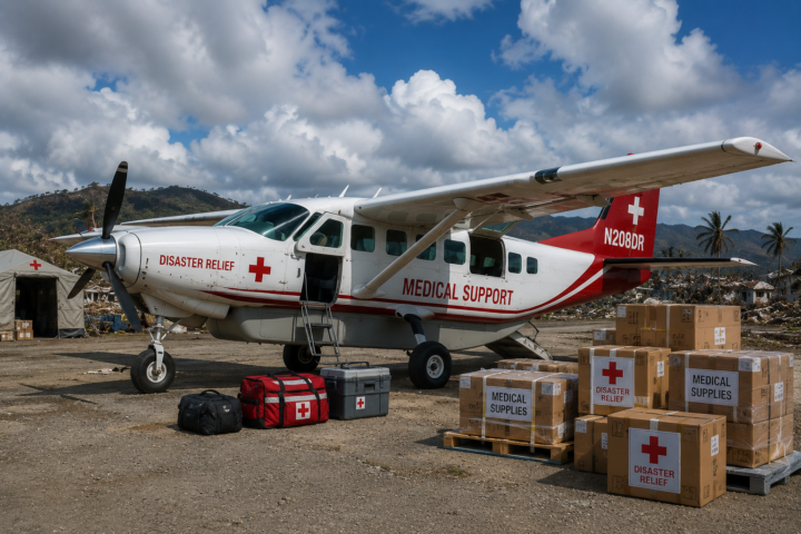 Small white-and-red medical support plane on dirt airstrip with packed medical supplies and relief boxes nearby.