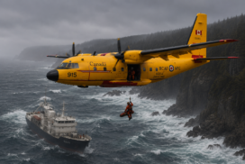 Yellow RCAF rescue aircraft hovering over stormy sea as a hoist lowers a rescuer toward a distressed ship near rocky cliffs