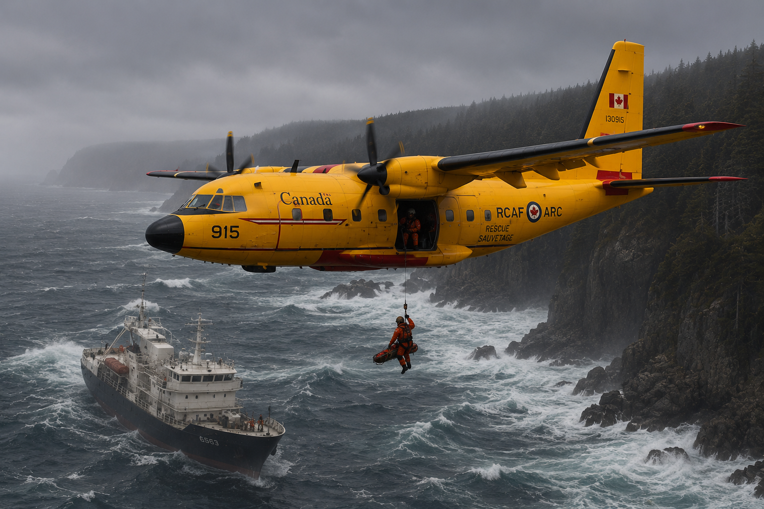 Yellow RCAF rescue aircraft hovering over stormy sea as a hoist lowers a rescuer toward a distressed ship near rocky cliffs