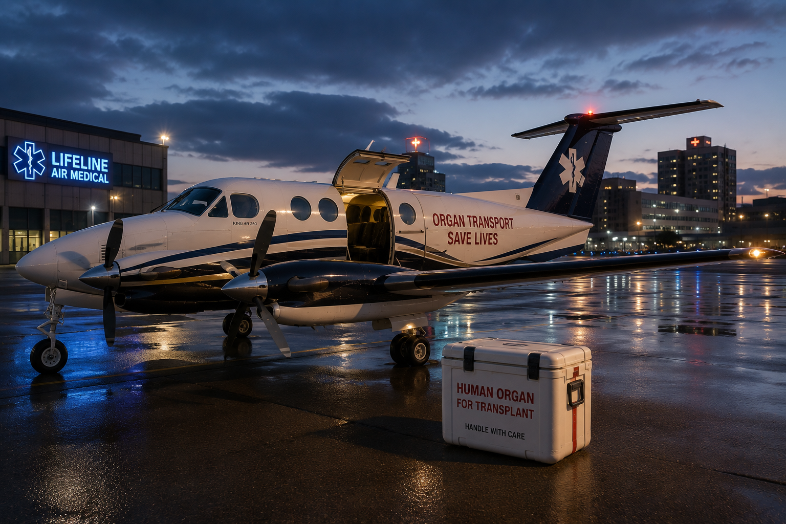 Twin-engine medical aircraft on wet tarmac at dusk with open cabin door, marked "Organ Transport Save Lives," and a labeled organ transport cooler nearby.