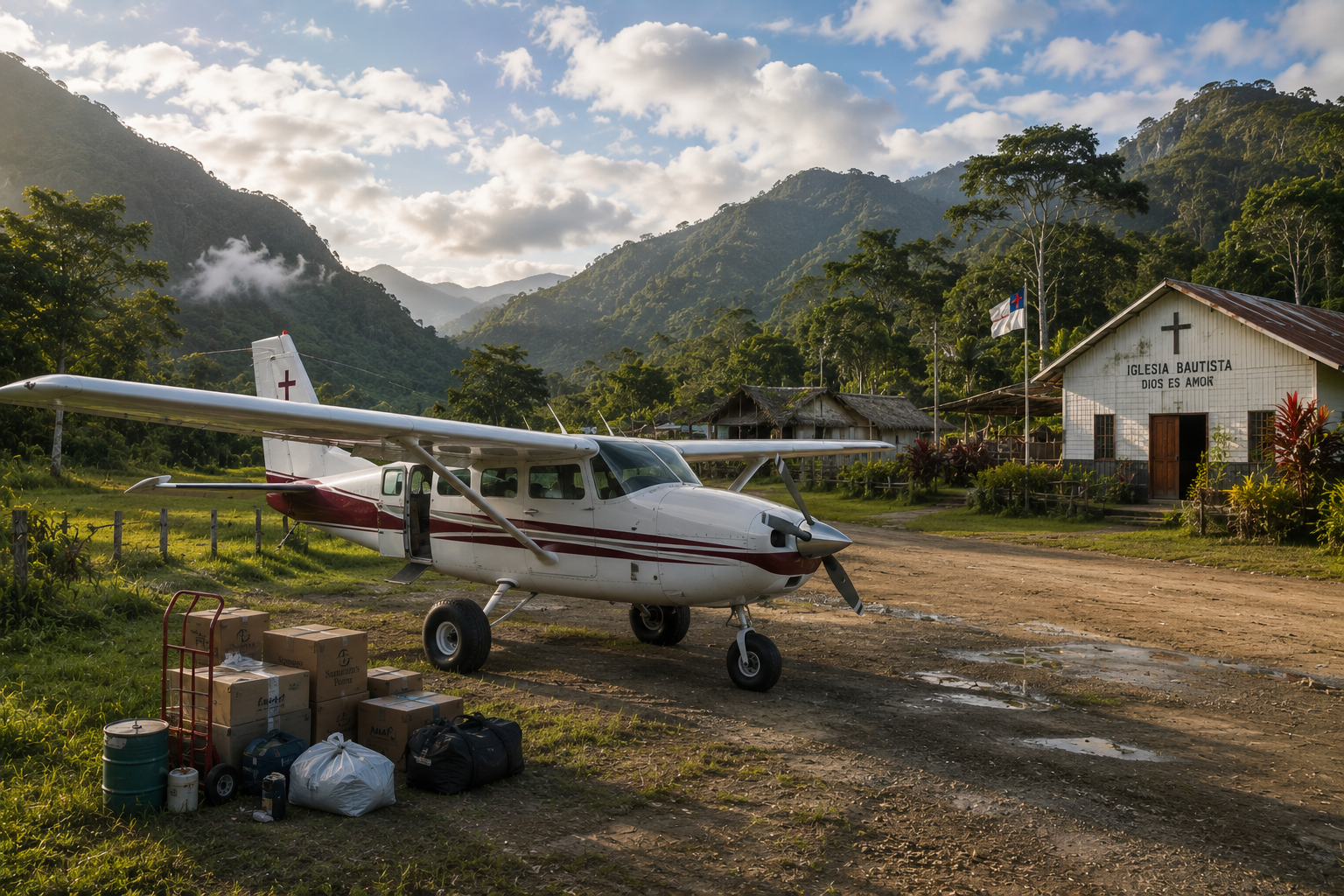 Small white-and-maroon single-engine plane parked on a dirt airstrip with cargo boxes and bags nearby, tropical mountains and a white church building reading "Iglesia Bautista Dios es Amor" in the background.