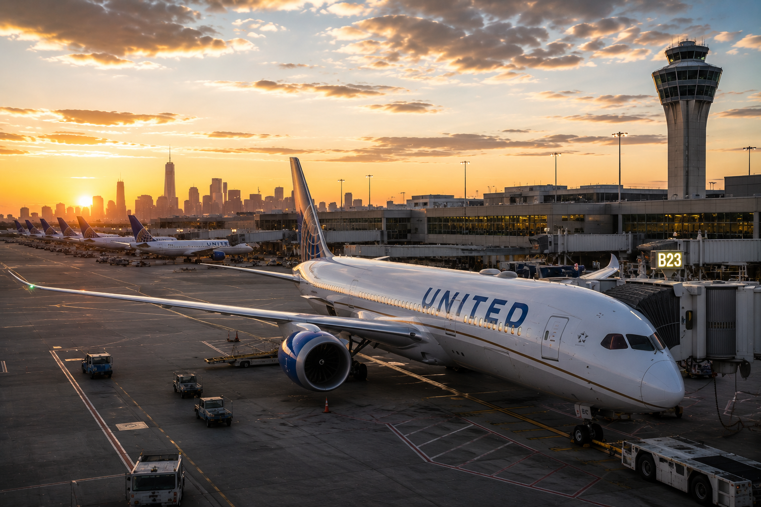 United Airlines jet at gate B23 on airport tarmac at sunrise with control tower and city skyline in background