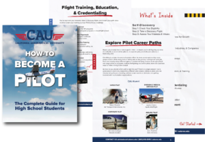 Double-page brochure for California Aeronautical University titled "How to Become a Pilot" with photos of small aircraft and career paths.
