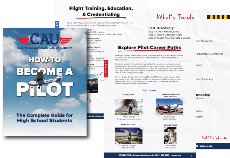 Double-page brochure for California Aeronautical University titled "How to Become a Pilot" with photos of small aircraft and career paths.